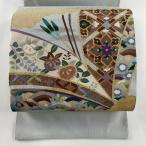 名古屋帯 秀品 八寸名古屋帯 松葉仕立て 熨斗 草花 金銀糸 綴れ 青灰色 正絹 中古