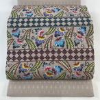 開き名古屋帯 美品 逸品 証紙あり 琉球紅型 葉柄 菱 灰紫 正絹 中古