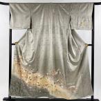 訪問着 身丈154cm 裄丈66.5cm M 袷 糸巻き 草花 金彩 ぼかし 灰茶 正絹 秀品 中古 在庫一掃
