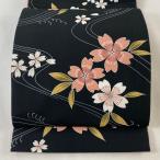袋名古屋帯 美品 優品 桜 流水 黒 化繊 中古