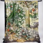 振袖 身丈170cm 裄丈71.5cm L 袷 牡丹 鳥 金通し 金彩 よもぎ色 正絹 逸品 中古