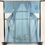 付下げ 身丈158.5cm 裄丈67.5cm L 薄物 絽 枝花 雫 青灰色 正絹 秀品 中古