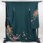 振袖 身丈170cm 裄丈68.5cm L 袷 辻が花柄 蝶 刺繍 金糸 深緑 正絹 名品 中古