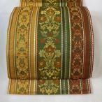 名古屋帯 美品 優品 松葉仕立て 八寸名古屋帯 草花 縞 よもぎ色 正絹 中古