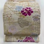 袋帯 秀品 薔薇 ティアラ 箔 刺繍 クリーム 六通 正絹 中古