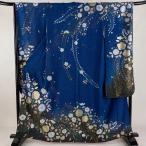 振袖 身丈161.5cm 裄丈66.5cm M 袷 草花 金銀彩 染め分け 青 正絹 名品 中古