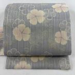 名古屋帯 名品 夏帯 紬地 花 縞 灰紫 正絹 中古