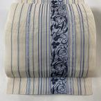 名古屋帯 美品 逸品 夏帯 八寸名古屋帯 松葉仕立て やまと トンネル仕立て 花唐草 縞 クリーム 正絹 中古
