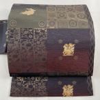名古屋帯 美品 秀品 荒磯 花うさぎ 唐織 箔 灰緑 正絹 中古