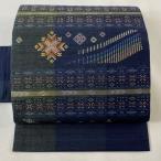 名古屋帯 美品 逸品 証紙あり 本場琉球 南風原 花織 花菱 燕 紺色 正絹 中古