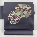 名古屋帯 美品 秀品 花丸文 葉と実 金糸 金彩 灰紫 正絹 中古