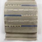 名古屋帯 秀品 夏帯 絽 縞 幾何学 金銀糸 茶緑色 正絹 中古