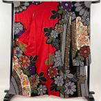 振袖 身丈162cm 裄丈66cm M 袷 菊 蝶 金糸 絞り 赤 正絹 名品 中古
