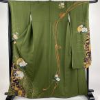 振袖 身丈165.5cm 裄丈67.5cm L 袷 桂由美 落款あり 牡丹 菊 金彩 鶯色 正絹 名品 中古