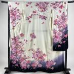 振袖 身丈162cm 裄丈68cm L 袷 鈴乃屋 草花 金糸 刺繍 クリーム 正絹 名品 中古