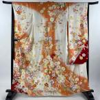 振袖 身丈164.5cm 裄丈66.5cm M 袷 雪輪 松竹梅 金糸 金彩 薄オレンジ 正絹 美品 名品 中古