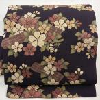 名古屋帯 美品 秀品 花筏 桜 縮緬 濃紫 正絹 中古