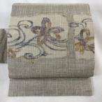 名古屋帯 美品 秀品 草花 銀糸 灰茶 正絹 中古