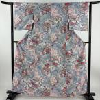 小紋 身丈160cm 裄丈63cm S 袷 家屋 草花 水色 正絹 美品 優品 中古