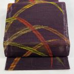 美品 名古屋帯 優品 夏帯 絽 八寸名古屋帯 松葉仕立て 葉柄 茶紫 正絹 中古