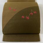 袋帯 美品 逸品 さくらんぼ 茶緑色 お太鼓柄 正絹 中古 在庫一掃