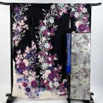 振袖 身丈164.5cm 裄丈64cm M 袷 袋帯フルセット 桜 百合 刺繍 金銀彩 黒 正絹 美品 名品 中古