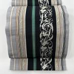 名古屋帯 名品 縞 花唐草 灰色 正絹 中古