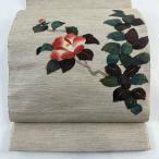 名古屋帯 美品 名品 八寸名古屋帯 松葉仕立て 紬地 椿 ちぎり絵 薄茶色 正絹 中古