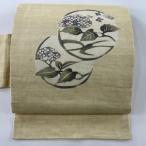 名古屋帯 秀品 夏帯 紬地 紫陽花 薄黄 正絹 中古