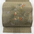名古屋帯 美品 秀品 八寸名古屋帯 松葉仕立て 草花 蝶 相良刺繍 灰緑 正絹 中古