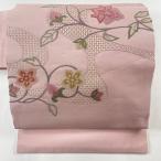 名古屋帯 美品 秀品 花唐草 相良刺繍 刺繍 薄ピンク 正絹 中古