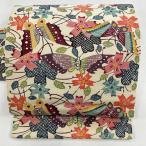 名古屋帯 秀品 蝶 桜 クリーム 正絹 中古