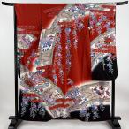 振袖 身丈159cm 裄丈66cm M 袷 鶴 松竹梅 染分け ぼかし 赤 正絹 名品 中古 在庫一掃