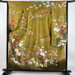 振袖 身丈155cm 裄丈63cm S 袷 御所車 草花 金糸 金彩 山吹茶色 正絹 秀品 中古