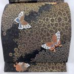 ショッピング梅 袋帯 美品 秀品 蝶 梅 金糸 箔 焦茶色 六通 正絹 中古