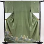 色留袖 身丈157cm 裄丈63cm S 袷 落款あり 松竹梅 金彩 染め分け よもぎ色 正絹 秀品 三つ紋 中古