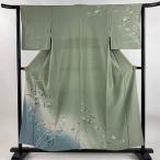 ショッピング鳥 訪問着 身丈154.5cm 裄丈63cm S 袷 落款あり 枝花 鳥 染め分け ぼかし 灰緑 正絹 秀品 中古