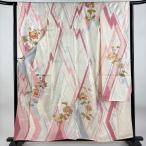 振袖 身丈157.5cm 裄丈62.5cm S 袷 花唐草 草花 刺繍 絞り クリーム 正絹 秀品 中古