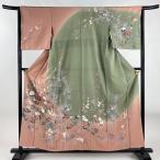 ショッピング分けあり 訪問着 身丈157cm 裄丈64cm M 袷 落款あり 椿 笹 染め分け ピンク 正絹 秀品 中古