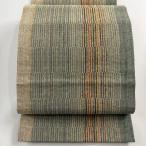 名古屋帯 美品 秀品 松葉仕立て 八寸名古屋帯 縞 金銀糸 灰緑 正絹 中古