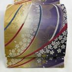 ショッピング桜 袋帯 美品 秀品 桜 縞 金糸 箔 紫 六通 正絹 中古