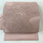 美品 名古屋帯 秀品 紬地 扇面 花鳥 刺繍 薄ピンク 正絹 中古