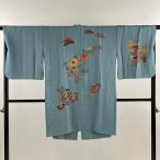  верхняя одежда длина 97.5cm длина рукава 68cm L японский костюм пальто цветок Tang . бледно-голубой натуральный шелк превосходящий товар б/у 