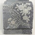 ショッピング柄 美品 袋帯 名品 証紙あり 大島紬地 辻ヶ花柄 灰色 お太鼓柄 正絹 中古