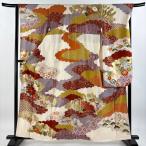 振袖 身丈159cm 裄丈66cm M 袷 雲文 草花 金糸 金彩 クリーム 正絹 秀品 中古