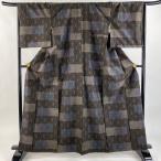美品 紬 身丈163.5cm 裄丈67.5cm L 袷 麻の葉 横段 墨色 正絹 秀品 中古