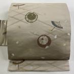 美品 名古屋帯 秀品 番傘 花びら 金糸 灰茶 正絹 中古