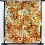 振袖 身丈155.5cm 裄丈62.5cm S 袷 菊 亀甲 金通し 金彩 オレンジ 正絹 秀品 中古