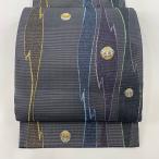 美品 袋帯 名品 夏帯 鞠 幾何学 箔 黒 六通 正絹 中古