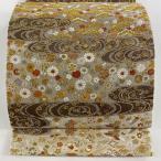 美品 袋帯 秀品 古綾錦 松 観世水 金糸 箔 茶色 六通 正絹 中古